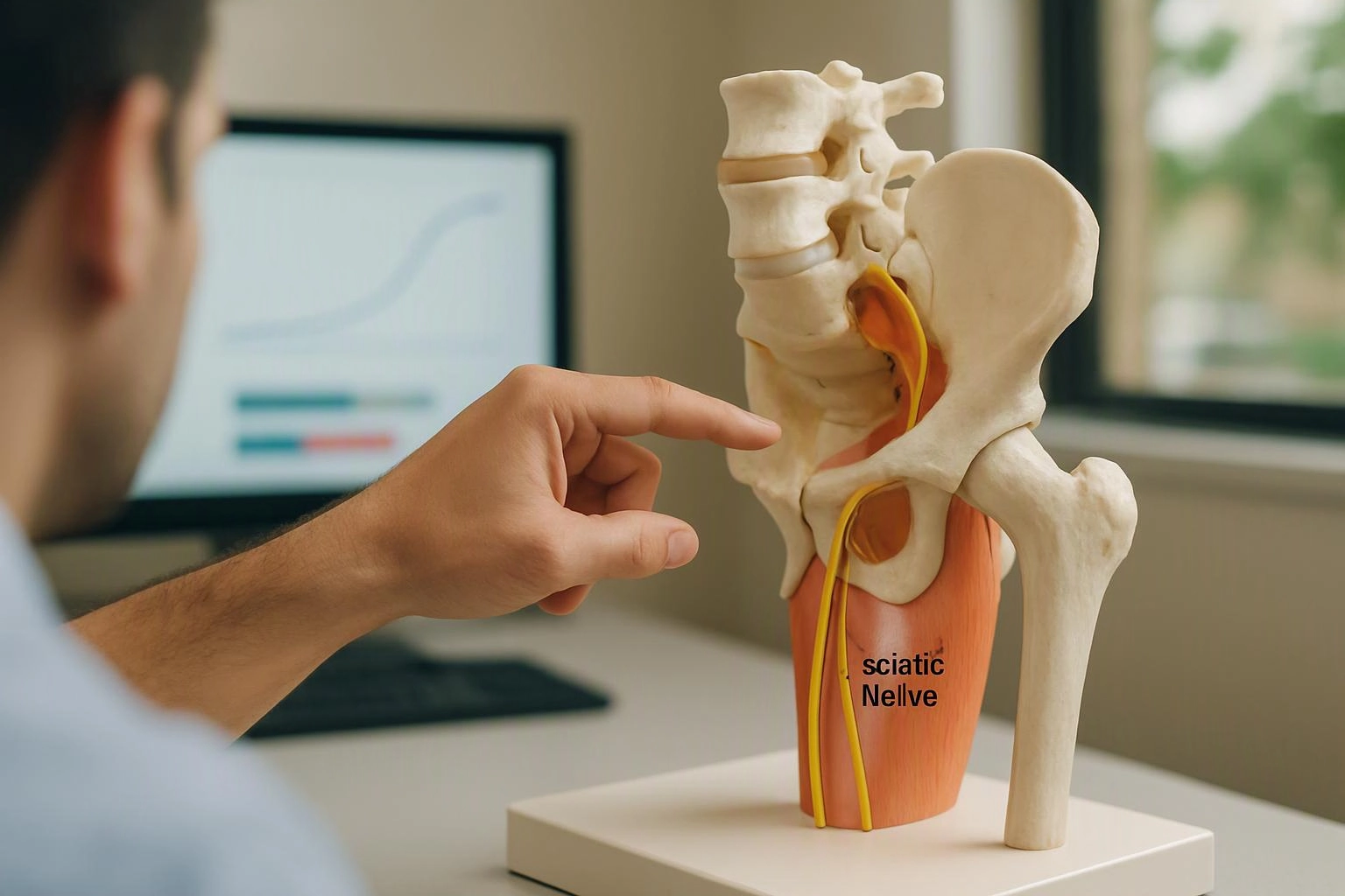 A person points at a pelvic anatomy model on a desk with a blurred computer screen behind it