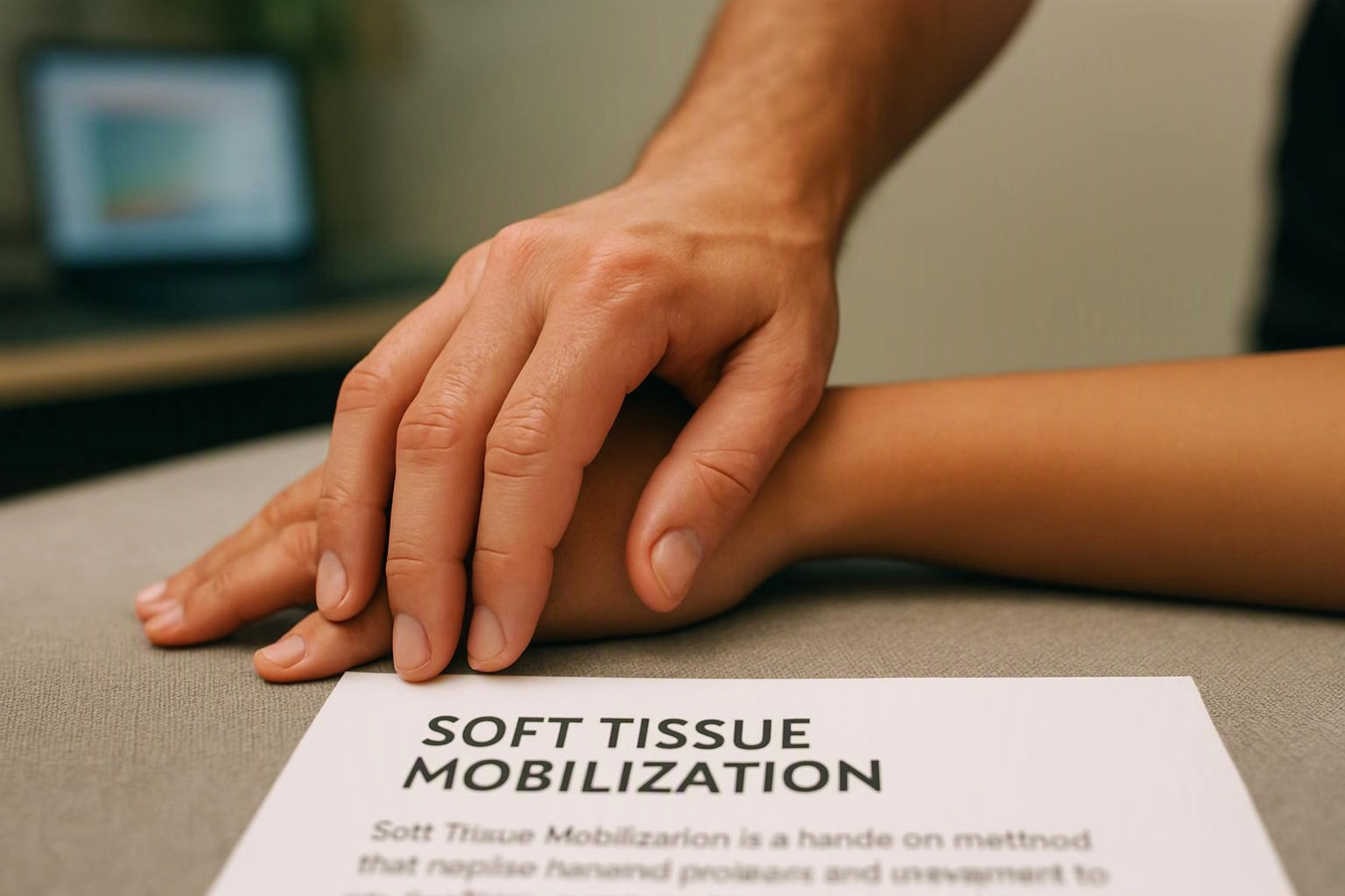 A therapist gently holds a patient’s forearm beside a paper labeled soft tissue mobilization