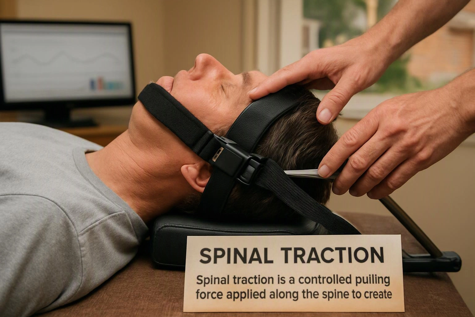 A man lies on a traction device while hands adjust his head, with a sign reading “SPINAL TRACTION” in front