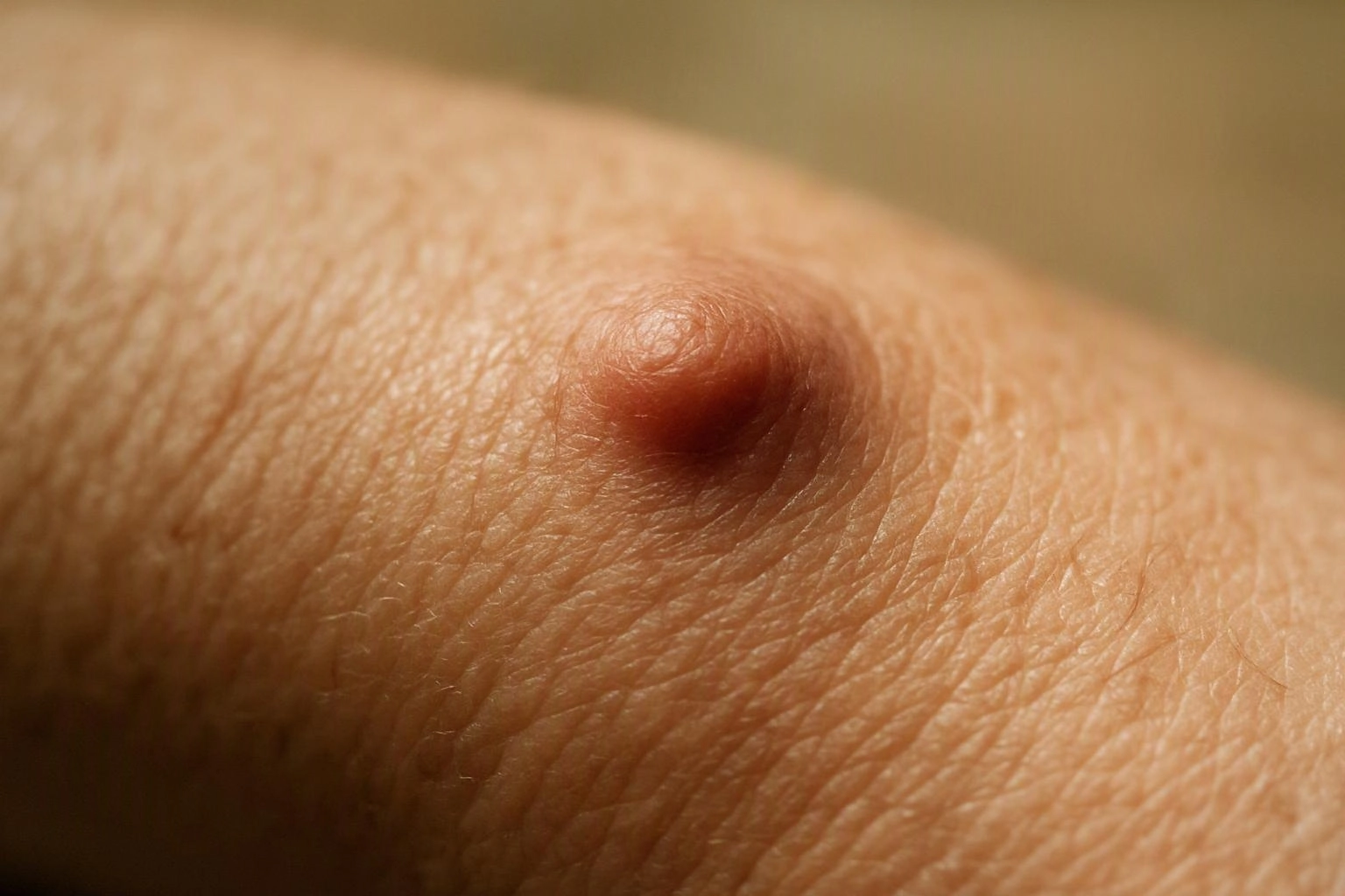 Close-up of human skin with a small raised bump under warm light