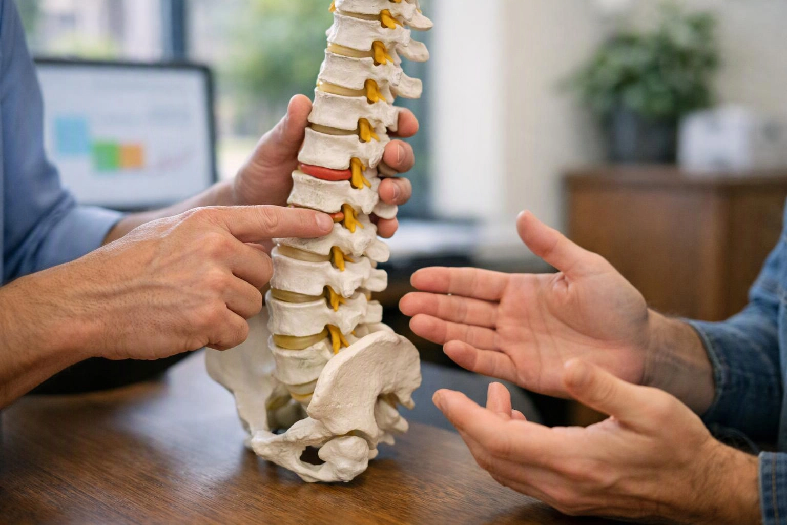 Hands point at a spine model on a table during a medical discussion in a bright office