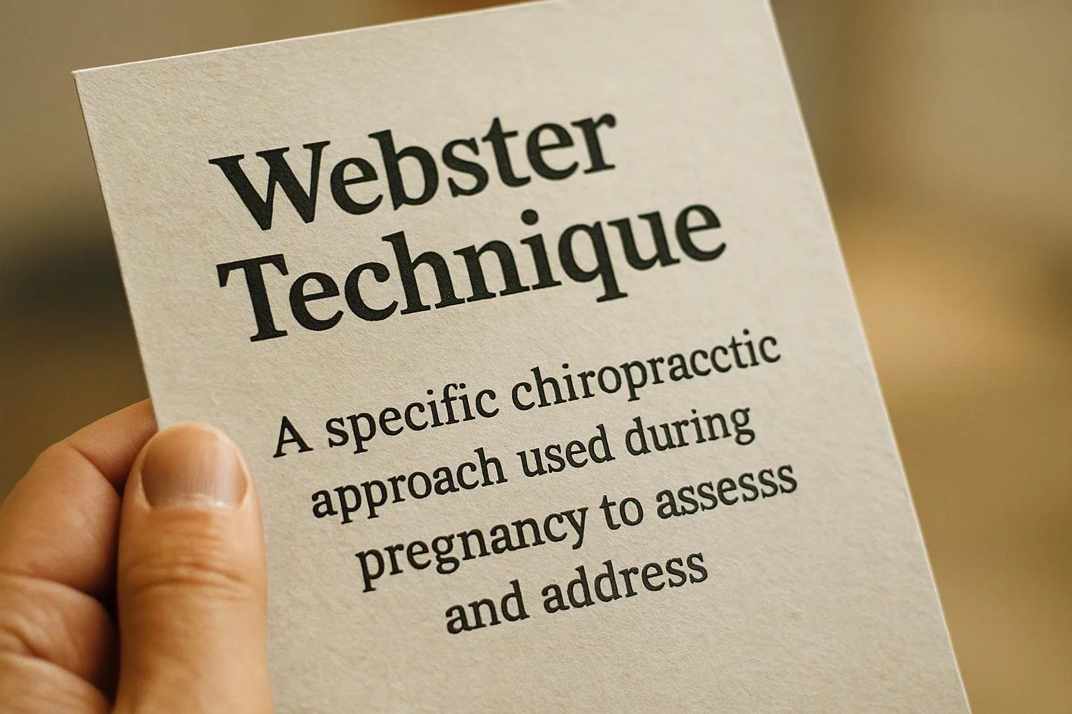 A hand holds a card reading “Webster Technique” with smaller text about chiropractic care during pregnancy