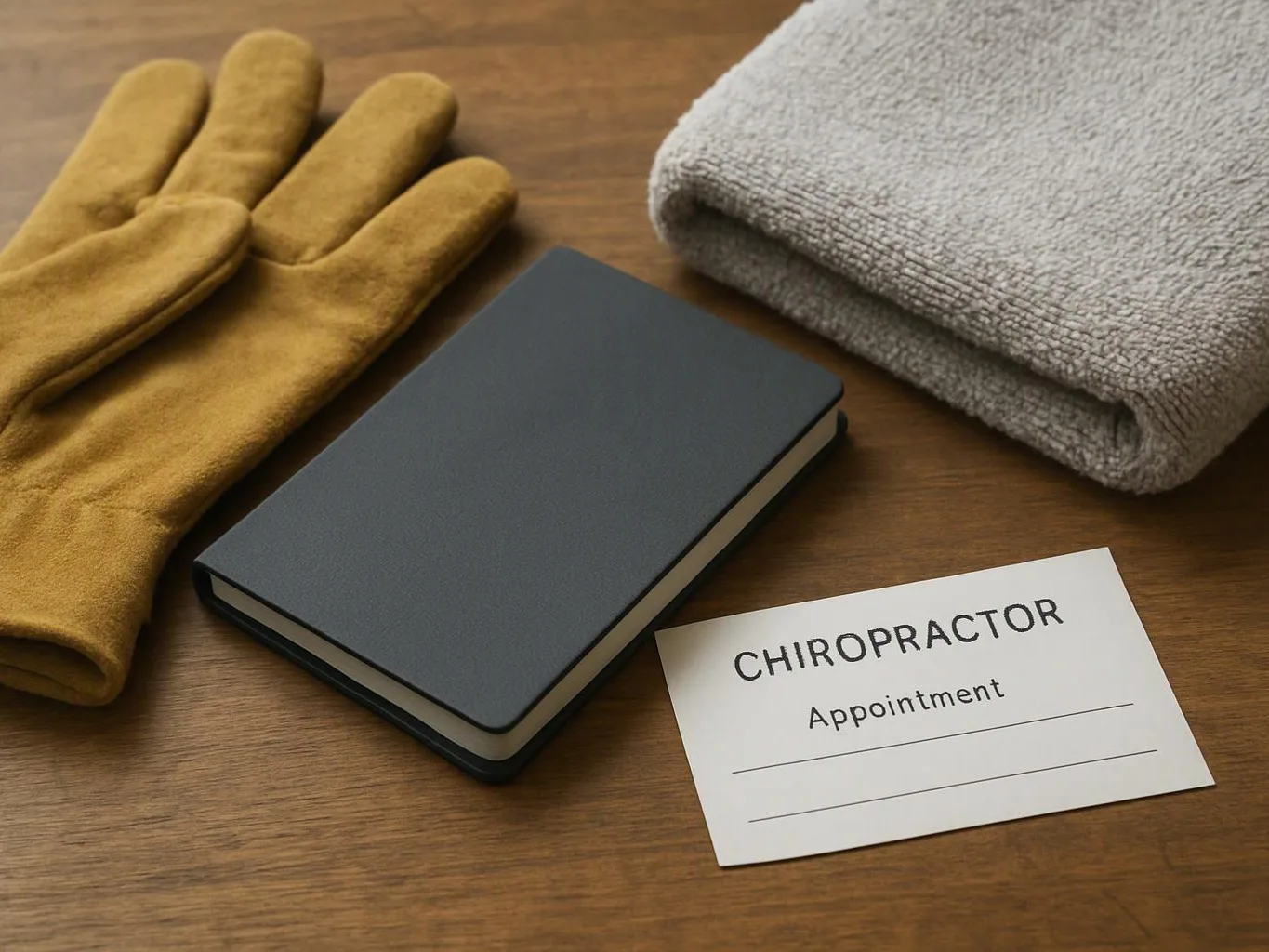 Gloves, a folded towel, a black notebook, and a card reading “Chiropractor Appointment” sit on a wooden table