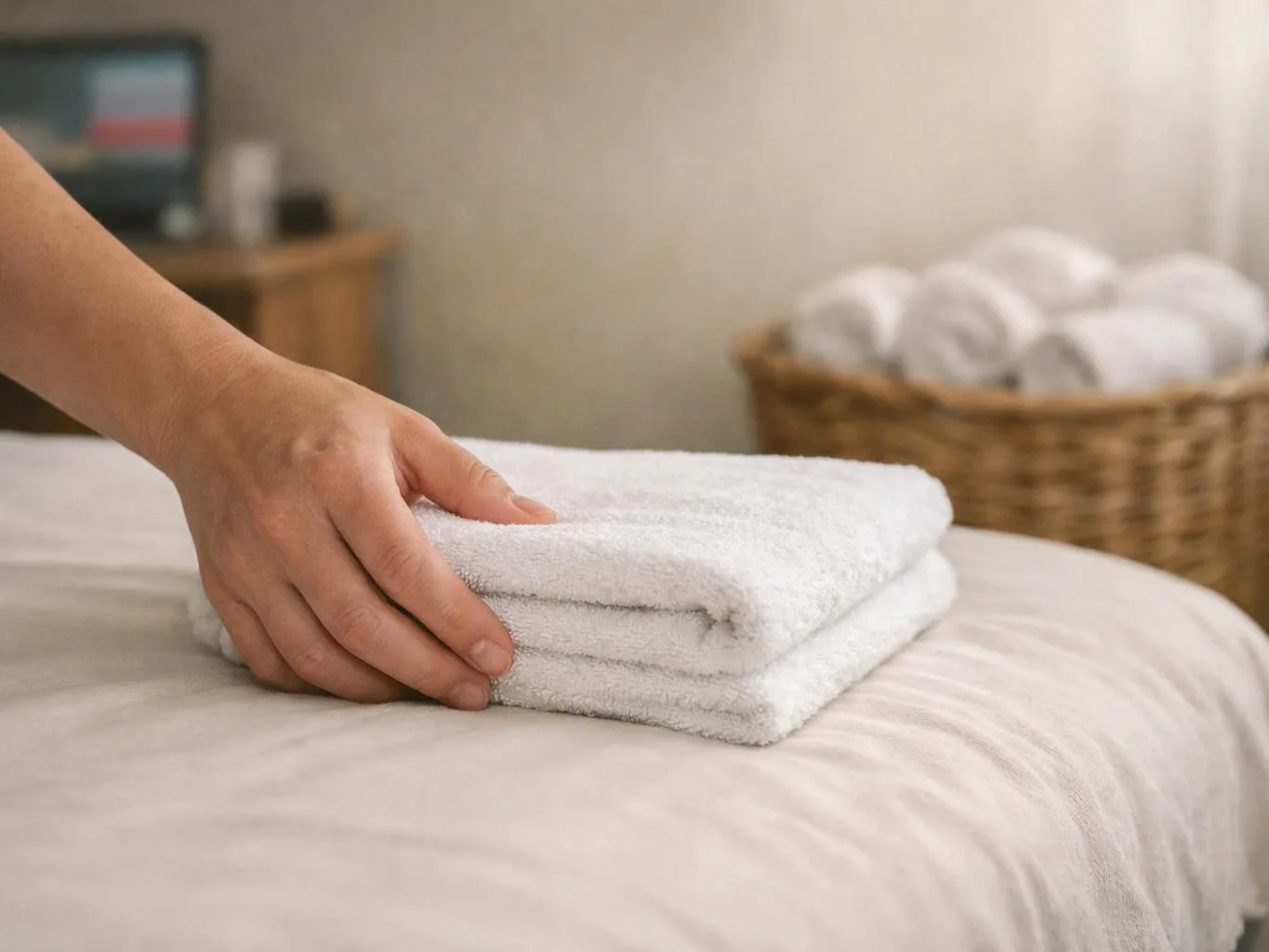 A hand folds white towels on a neatly made bed in a soft-lit room