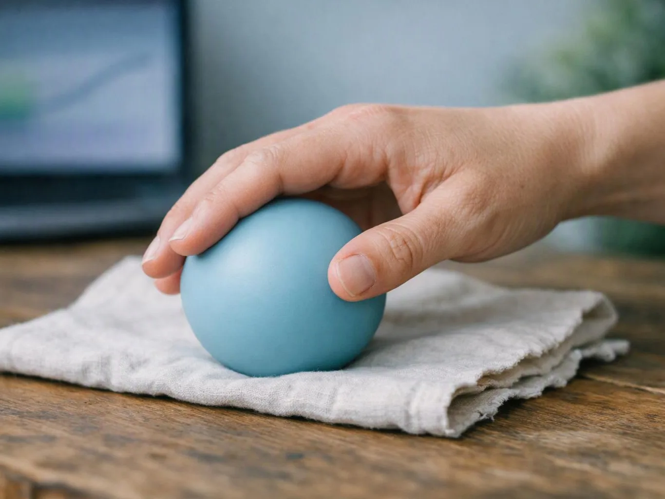 A hand gently rests on a blue ball sitting on a folded cloth on a wooden table