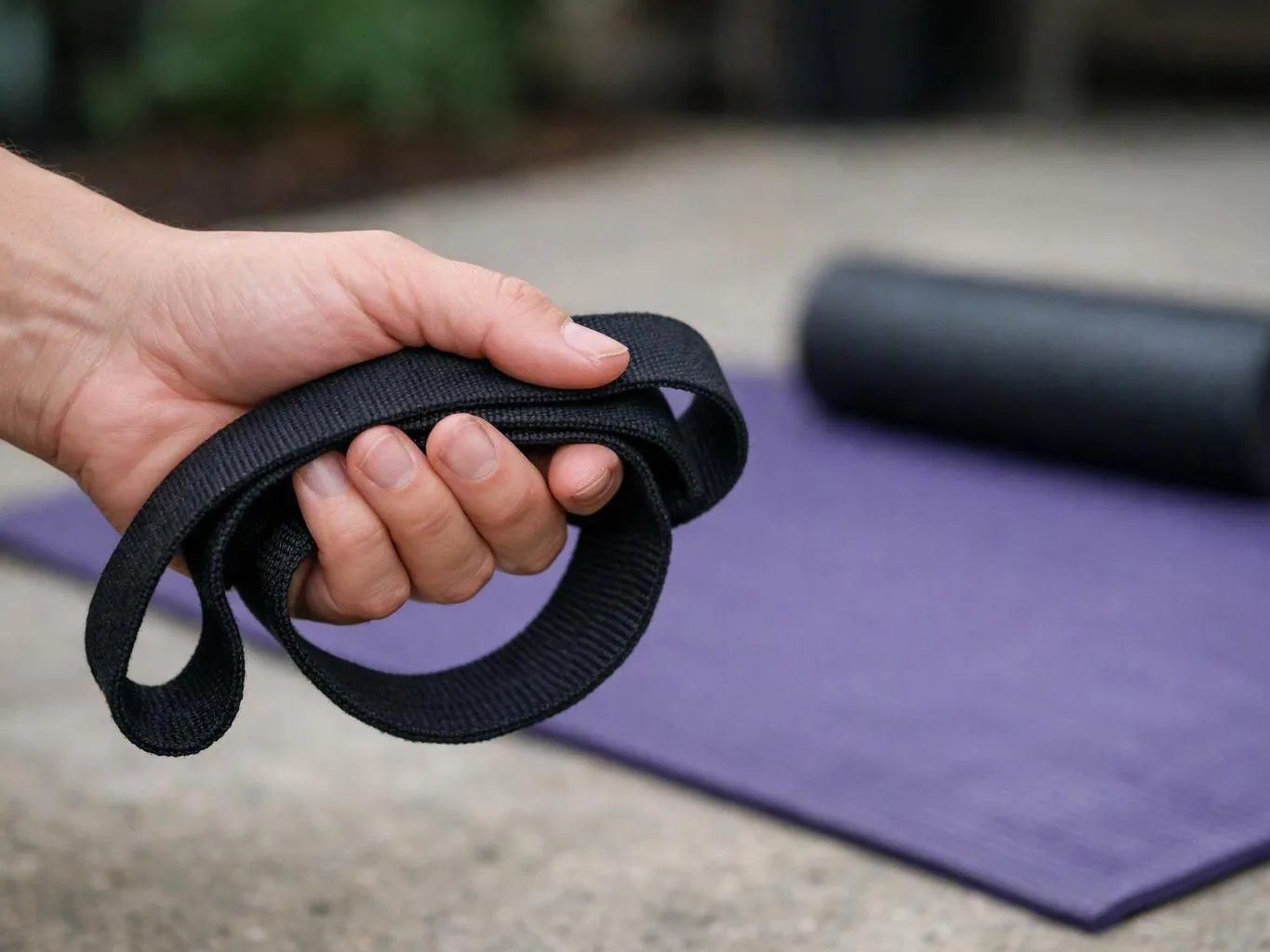 A hand grips a black yoga strap above a purple exercise mat outdoors