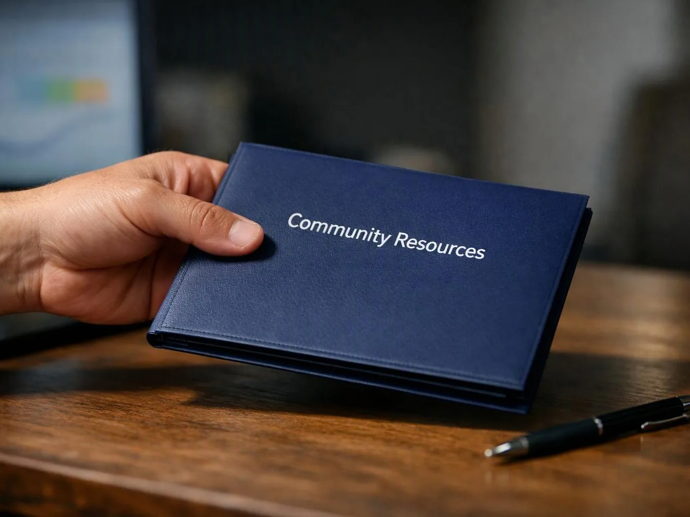 A hand holds a blue booklet labeled Community Resources over a wooden table with a pen nearby