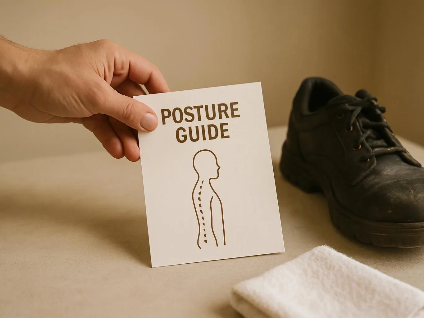 A hand holds a card reading “POSTURE GUIDE” beside a black shoe and folded towel