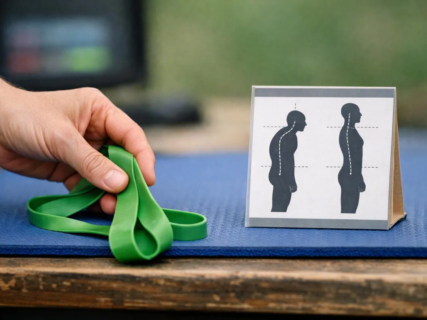A hand holds a green exercise band beside a posture chart on a blue mat