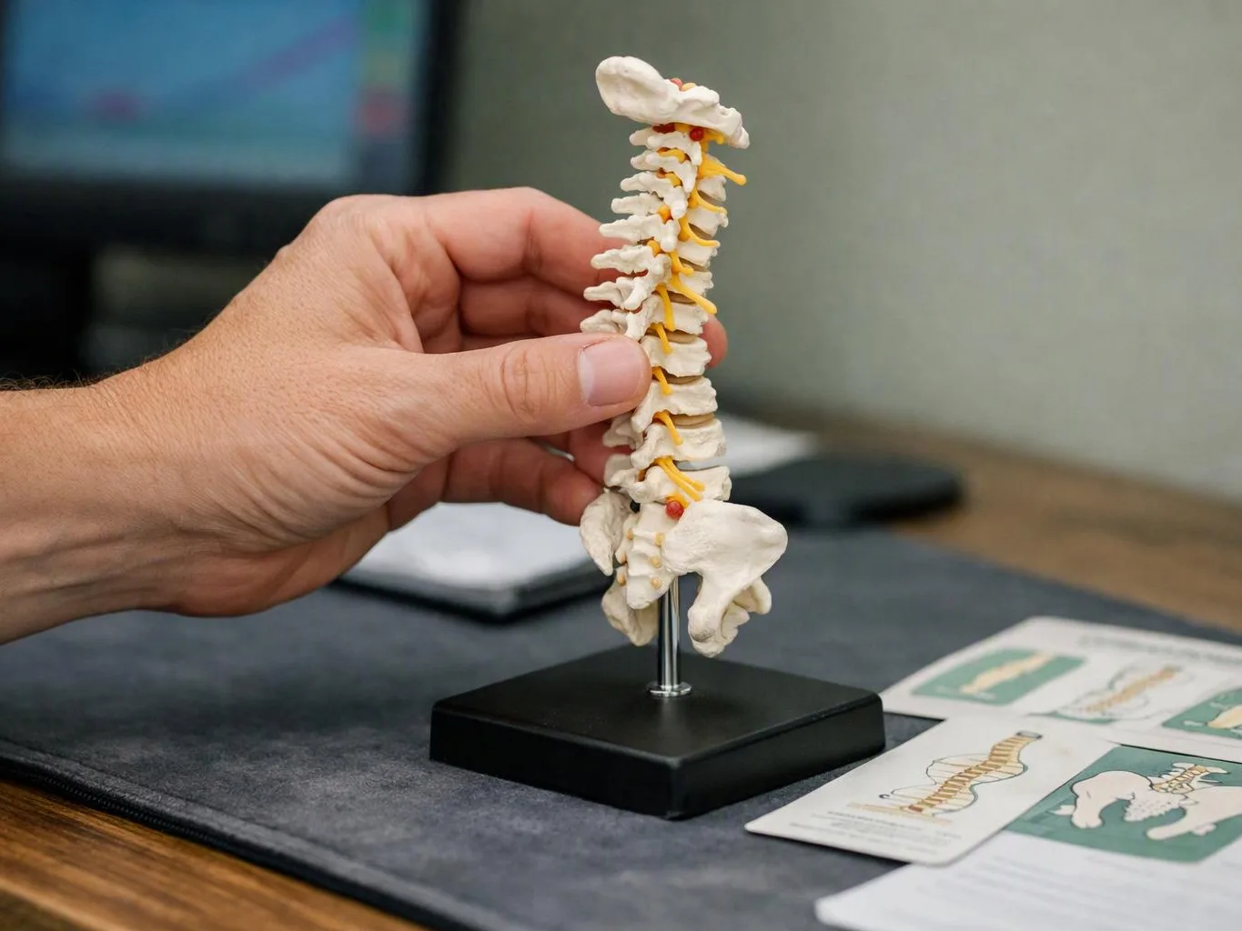 A hand holds a small spine model on a desk beside instruction cards