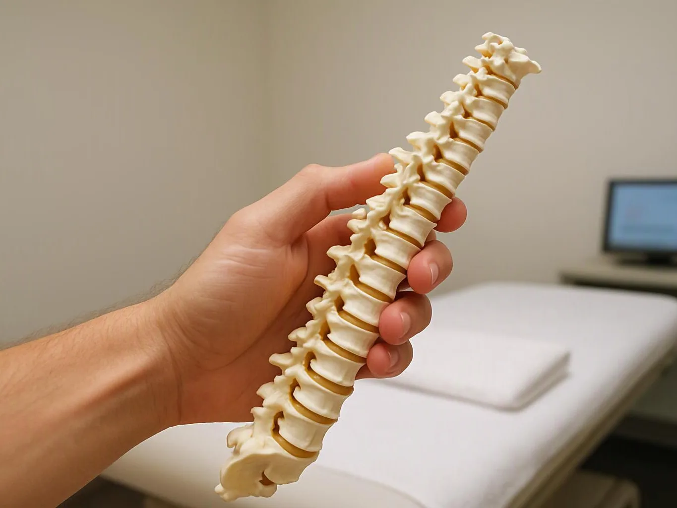 A hand holds a small spine model in a simple exam room with a bed and monitor in the background