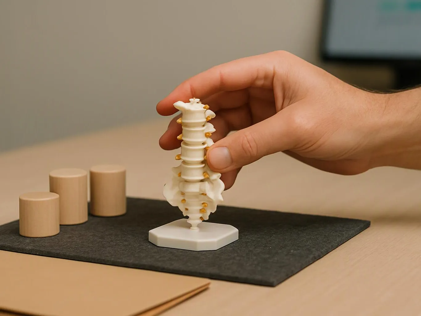 A hand holds a small white spine model over a black mat with wooden cylinders nearby