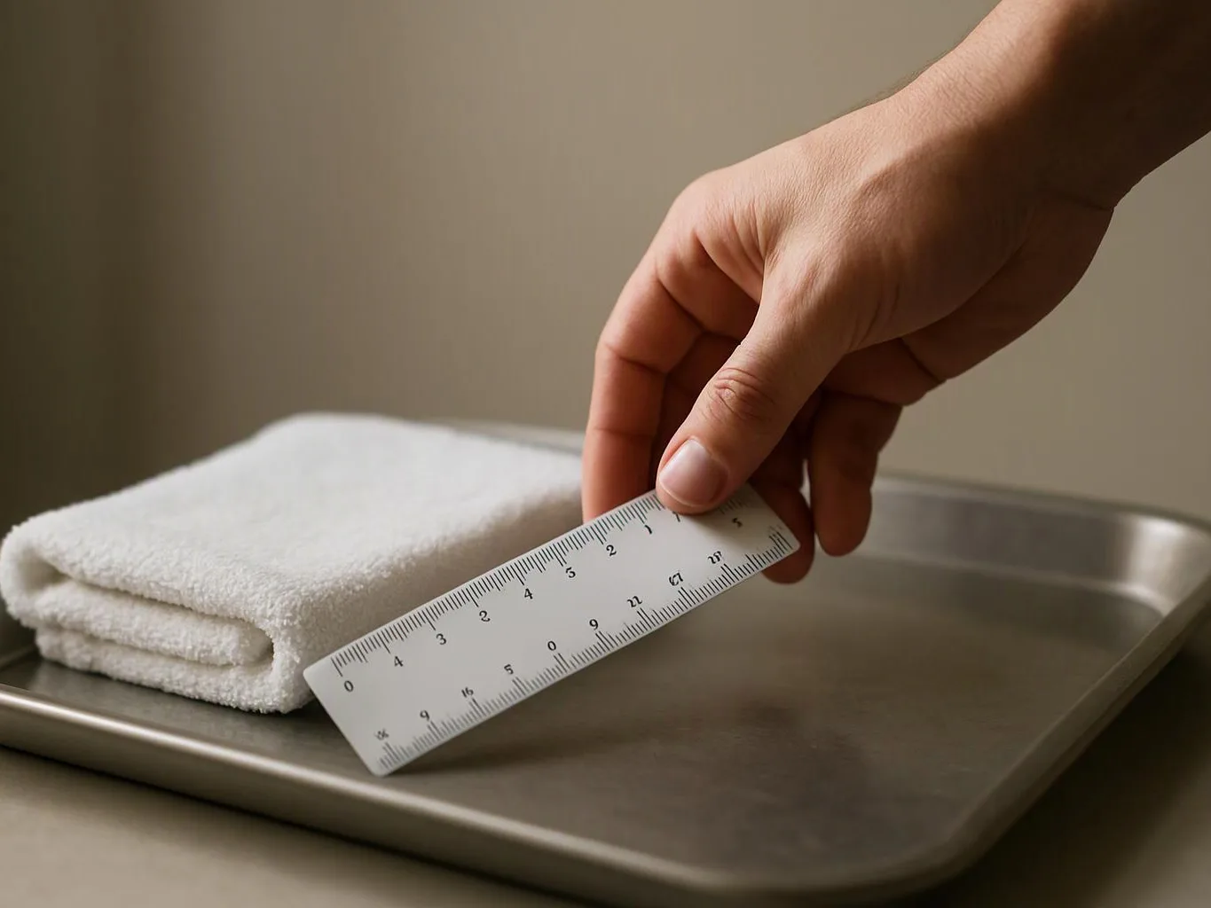 A hand measures a folded white towel on a metal tray with a ruler