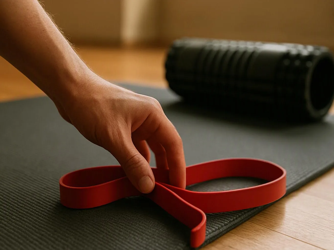 A hand picks up a red resistance band on a yoga mat beside a black foam roller