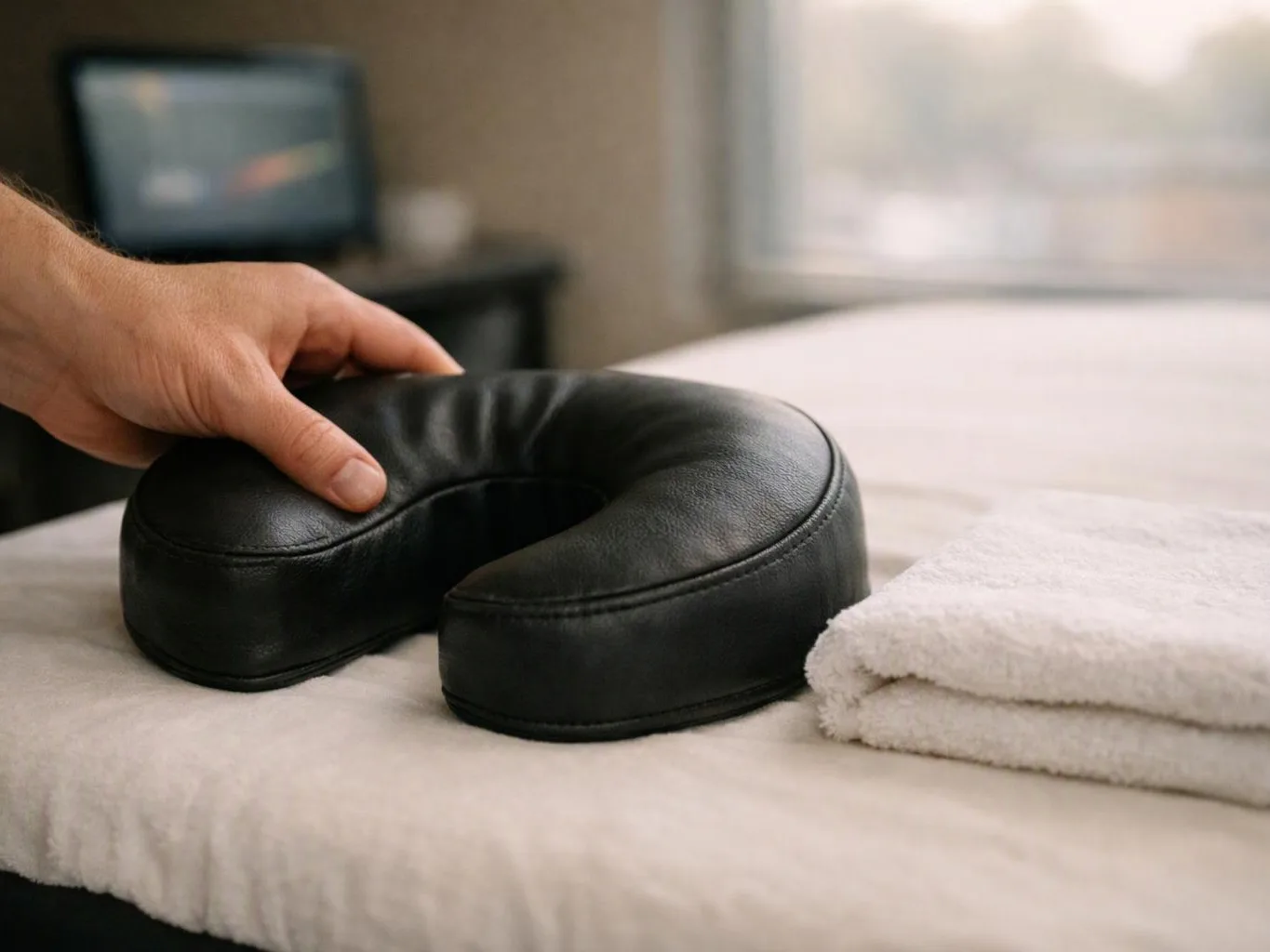 A hand presses a black U-shaped neck pillow on a massage table beside folded white towels