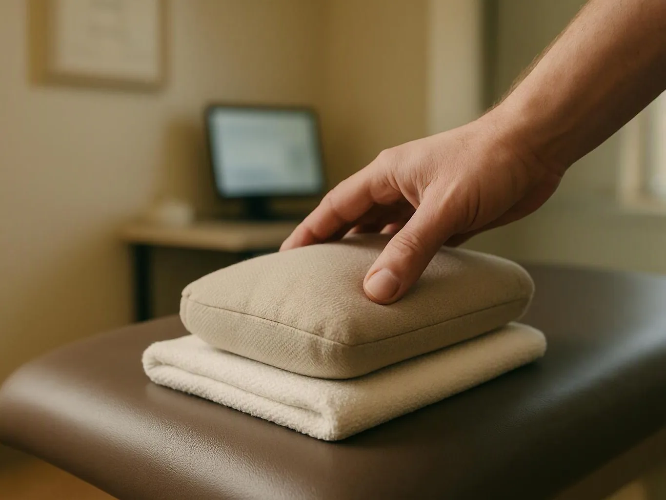 A hand presses folded beige towels on a padded treatment table in a softly lit room