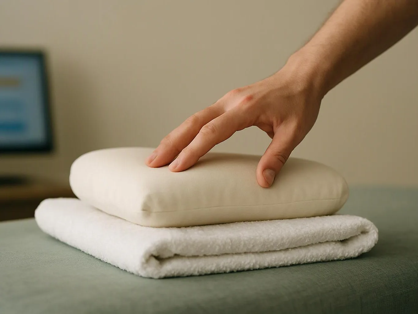 A hand presses a folded white towel and a pillow-like cushion on a green bedspread