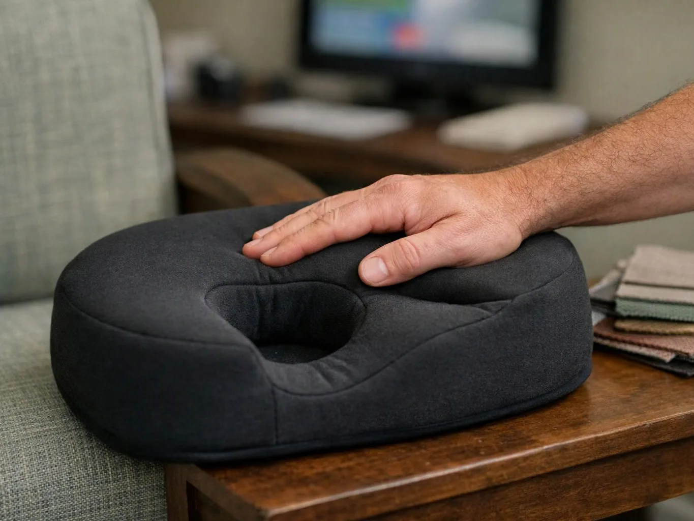 A hand rests on a black ring cushion sitting on a wooden table beside a chair