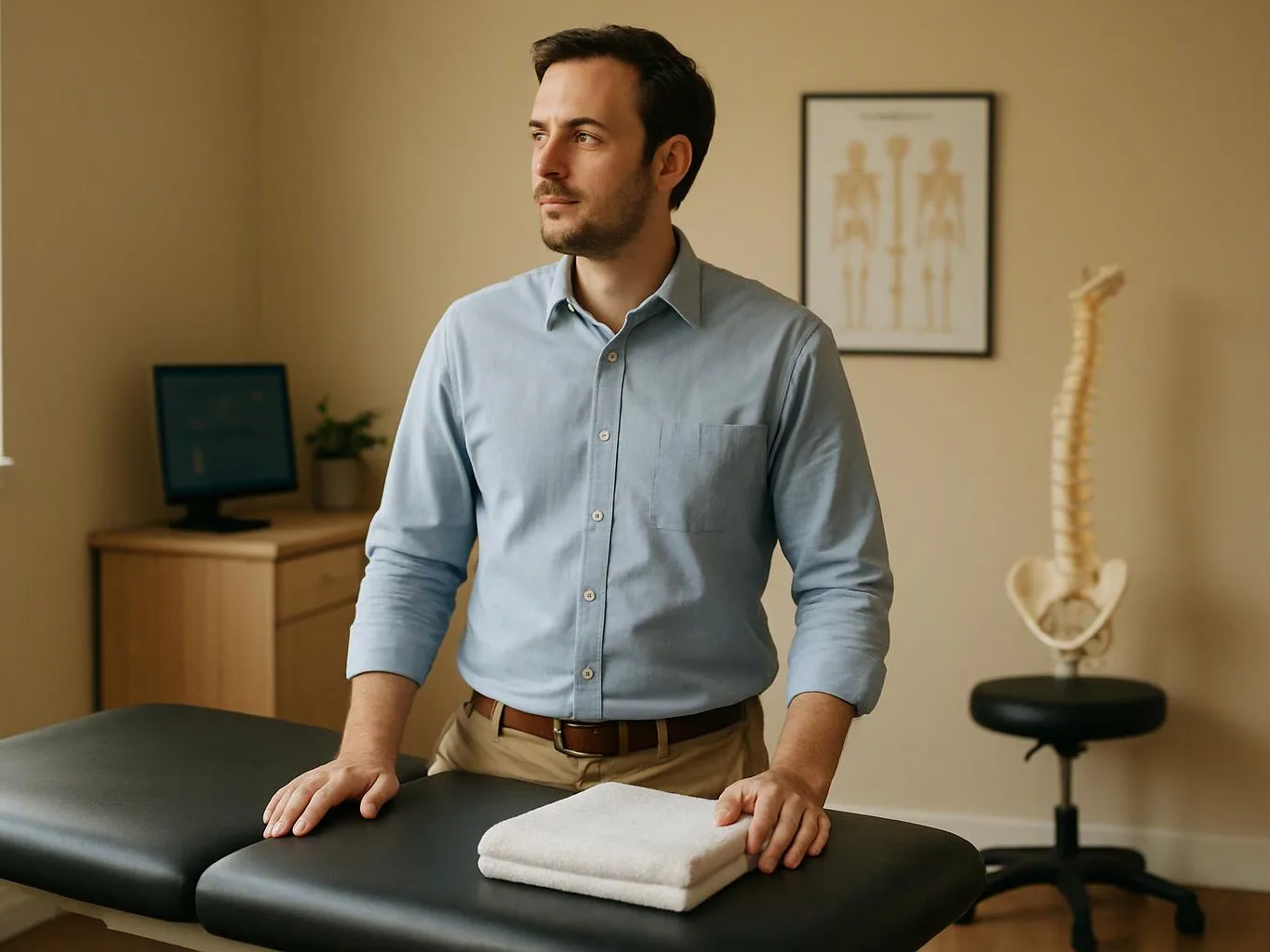 A man stands beside a treatment table in a clinic room with a spine model and anatomy poster behind him