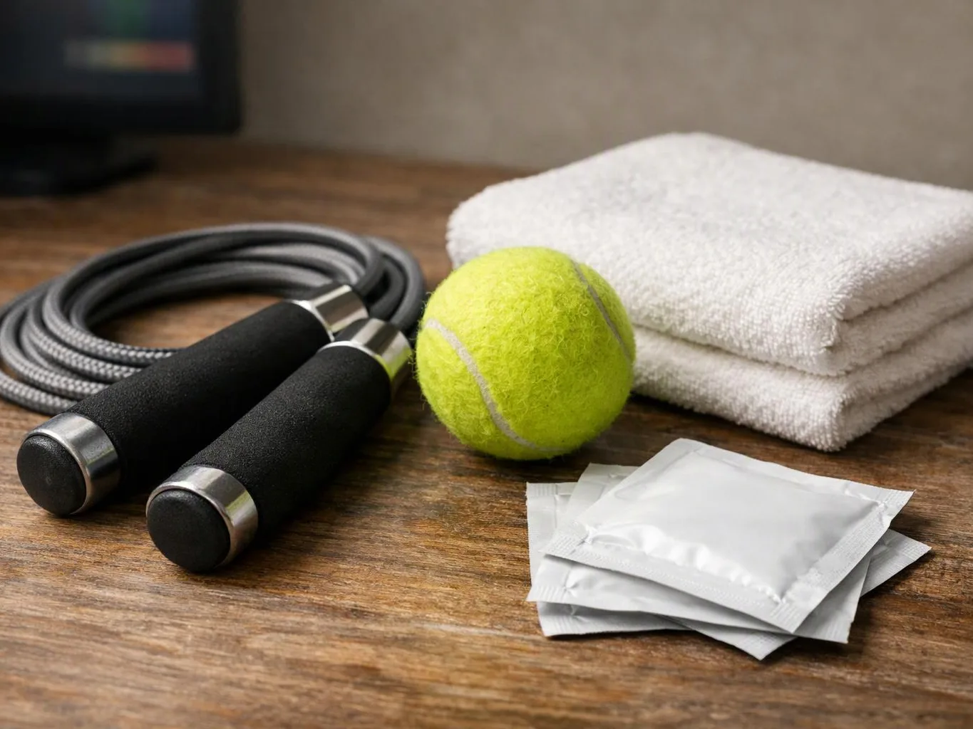 Jump rope, tennis ball, towels, and condom packets lie on a wooden table