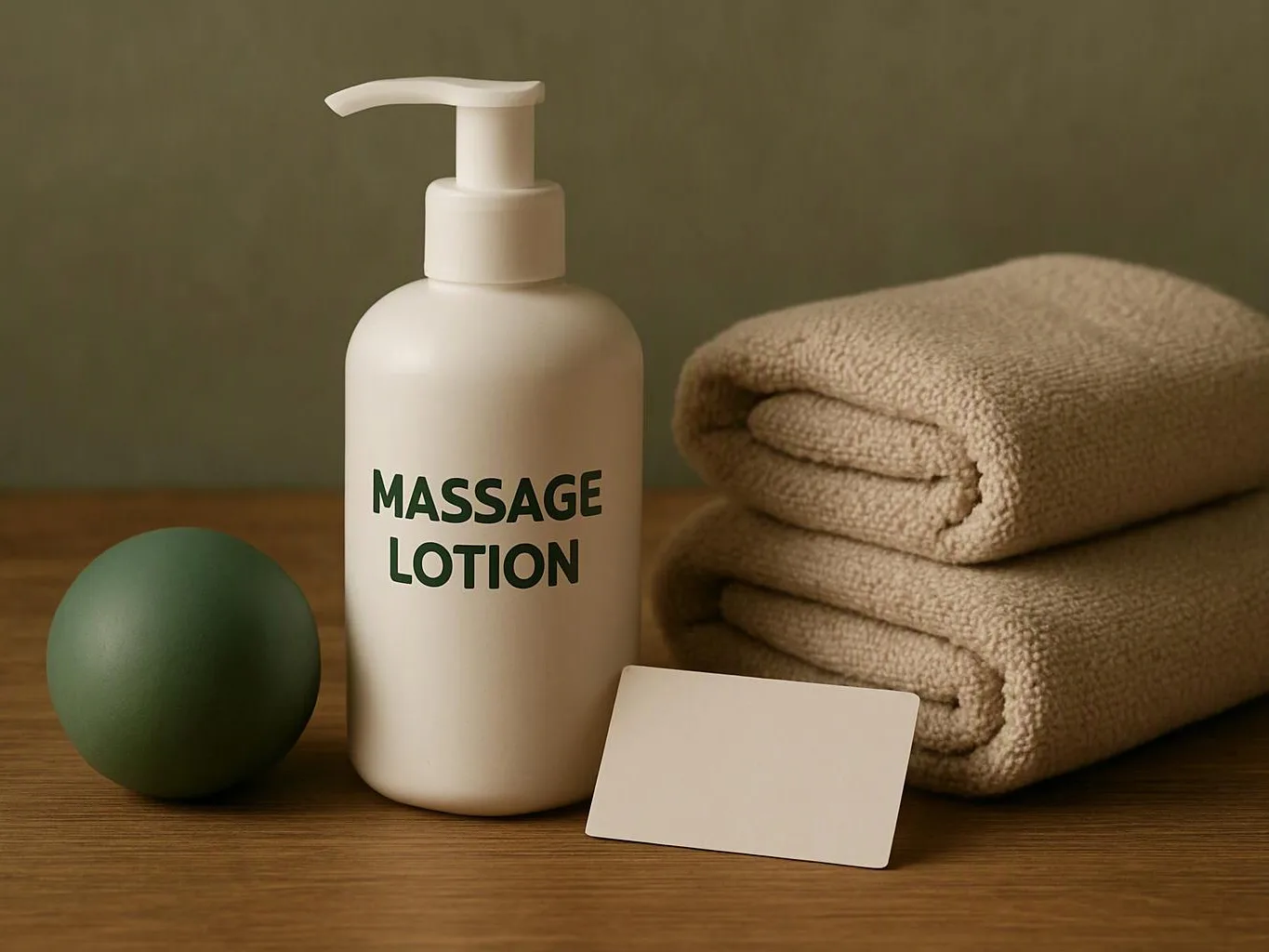 A lotion bottle labeled “MASSAGE LOTION” sits beside folded towels, a green ball, and a blank card on a wooden table