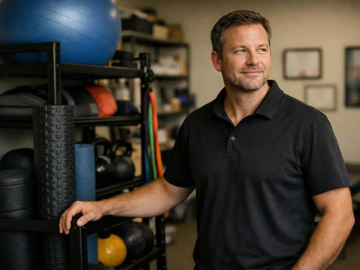 A man in a black polo stands beside exercise balls and workout gear in a gym storage room