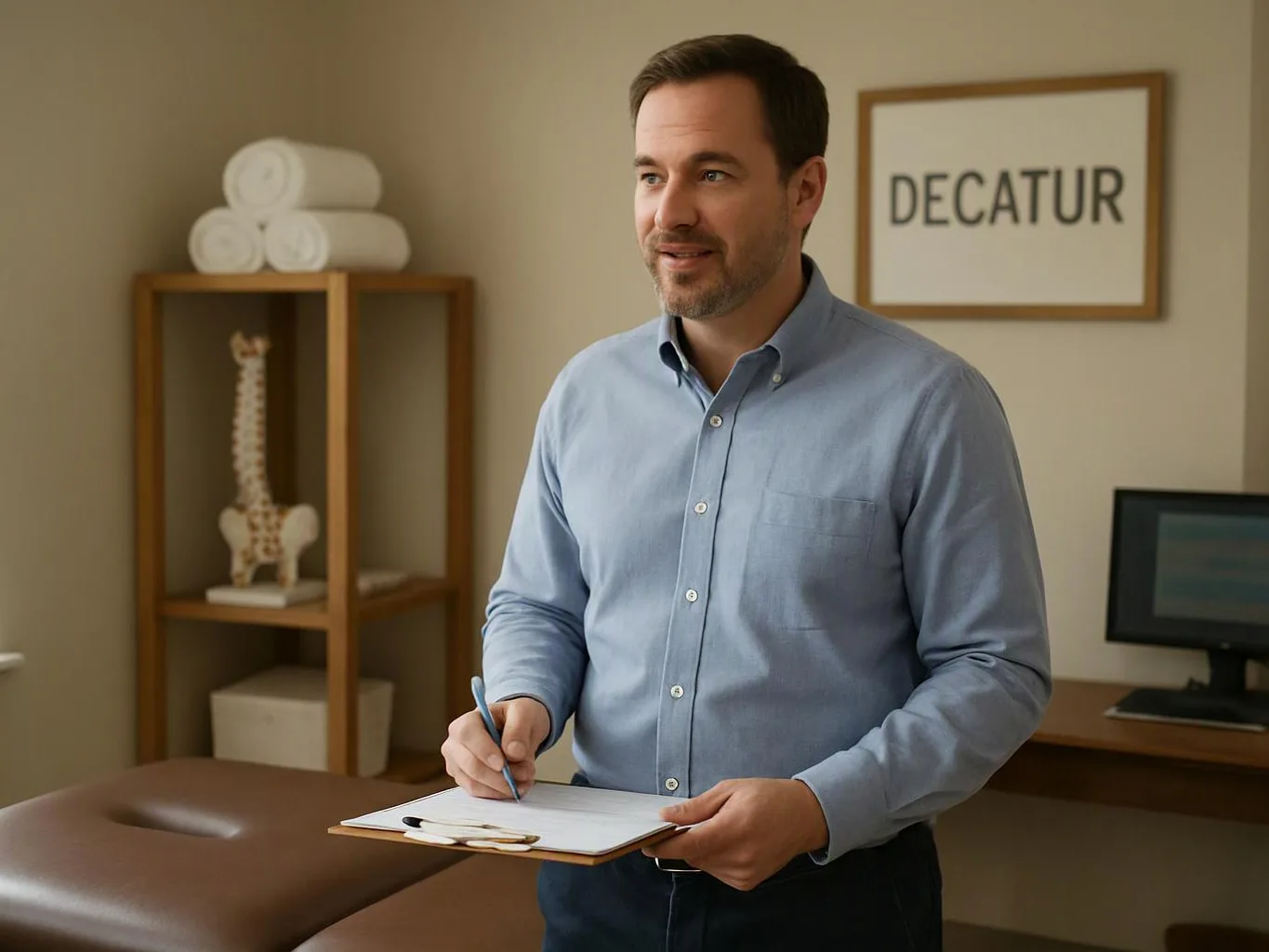 A man in a blue shirt writes on a clipboard in a tidy office, with towels, a skeleton model