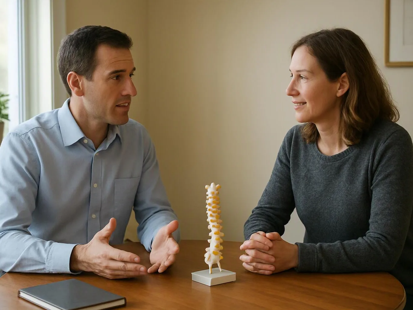 A man explains something to a woman across a table, with a small spine model between them