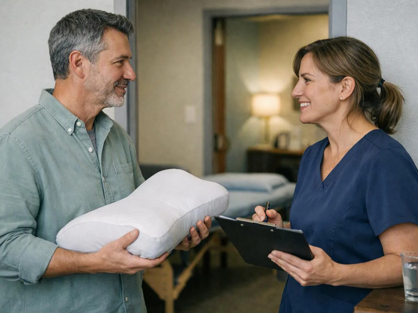A man holds a white pillow while a woman in blue scrubs smiles and writes on a clipboard in a clinic room