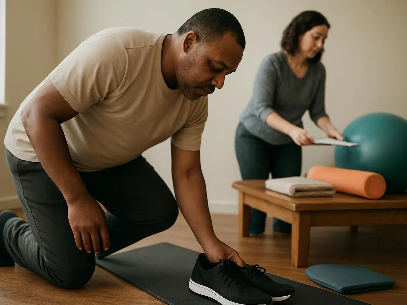 A man kneels on a mat tying a black sneaker while a woman arranges exercise items behind him