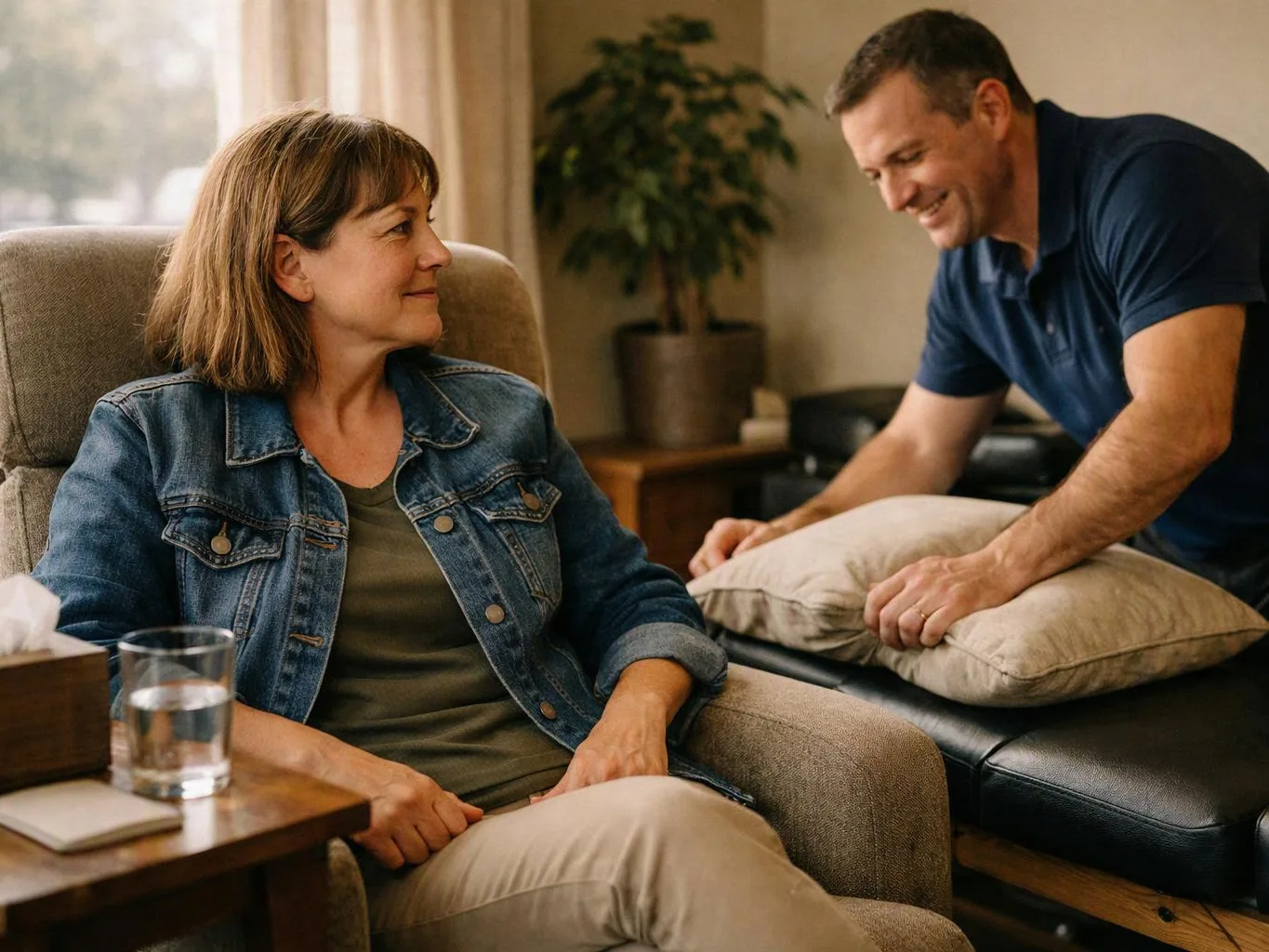 A man leans over a pillow to talk with a seated woman in a cozy living room