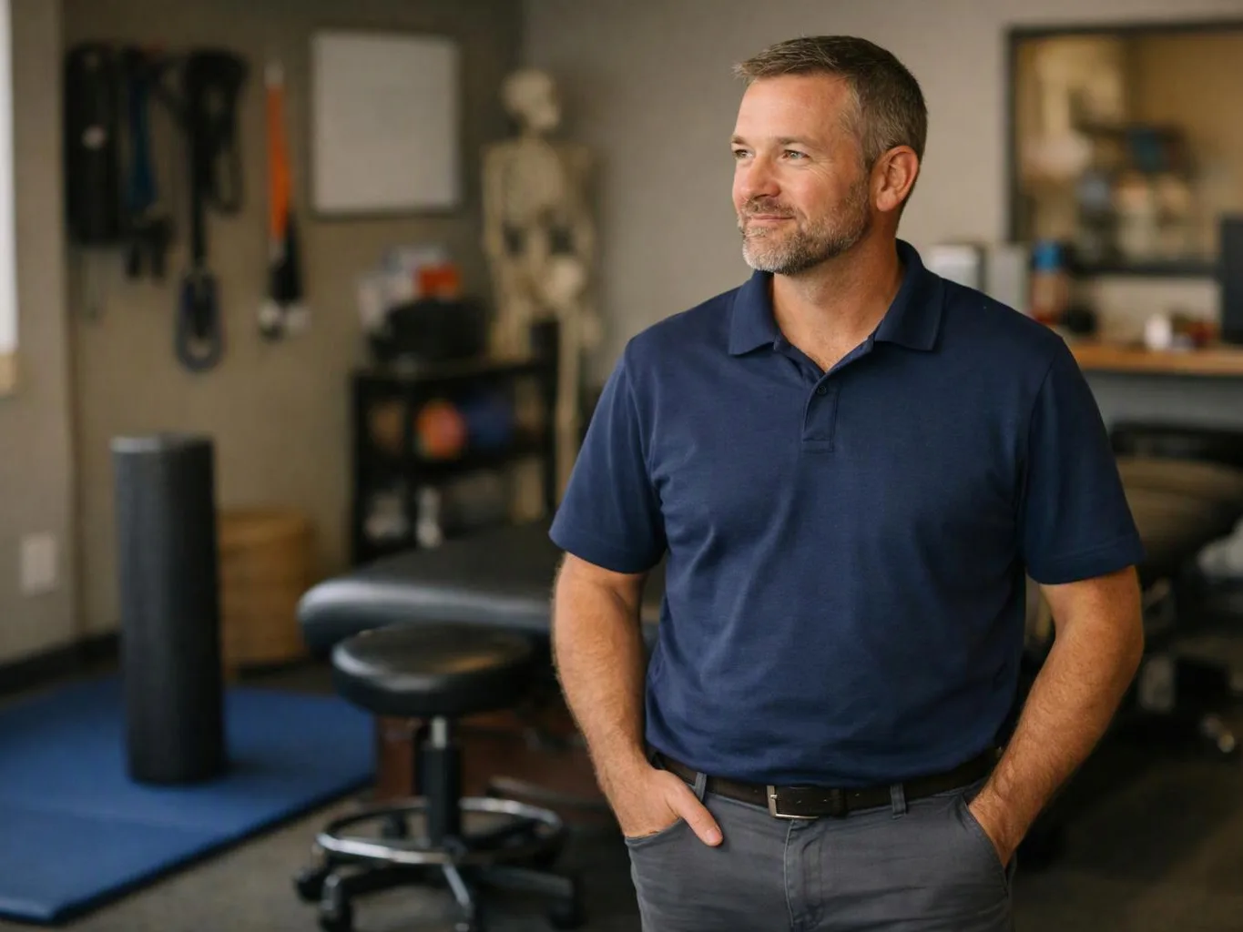 A man in a navy polo stands with hands in pockets inside a physical therapy room