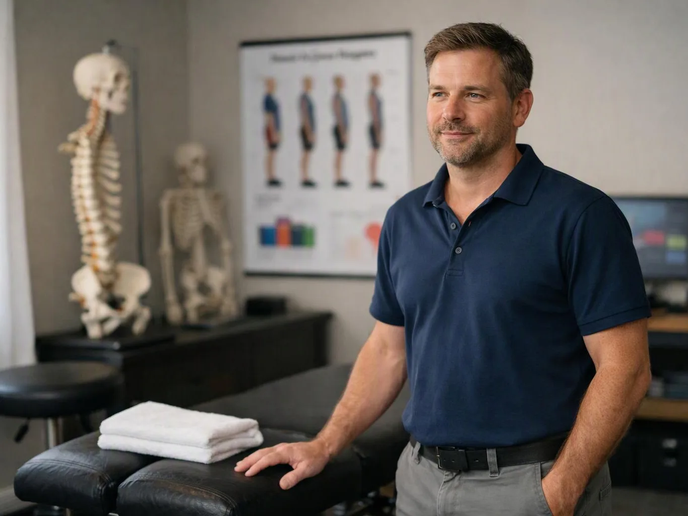 A man in a navy polo stands by a massage table in a room with skeleton models and anatomy posters