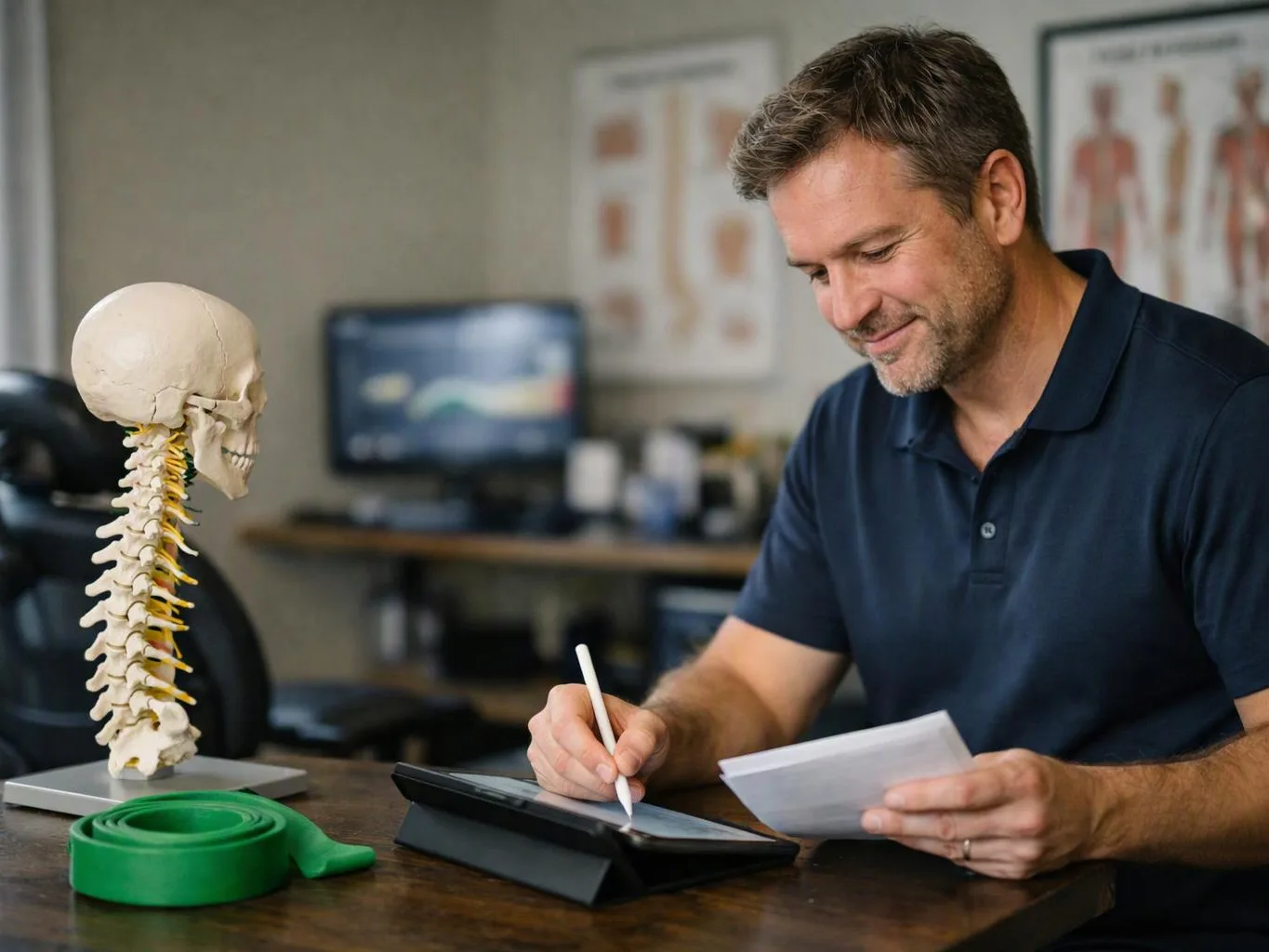 A man in a navy polo writes on a tablet beside a spine model in a clinic office