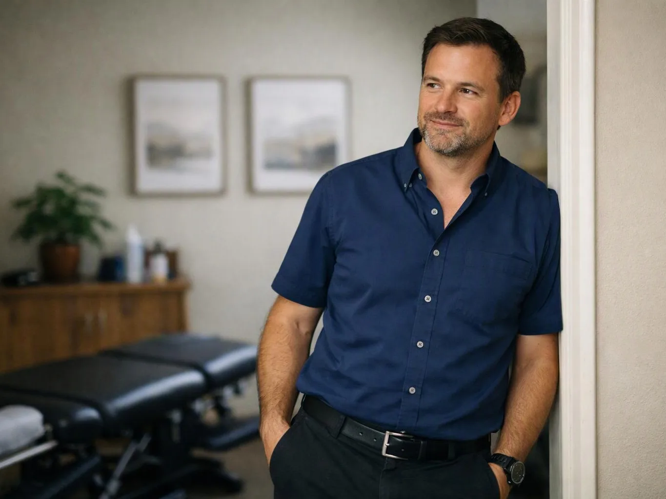 A man in a navy shirt leans against a doorway in a softly lit office with treatment tables behind him