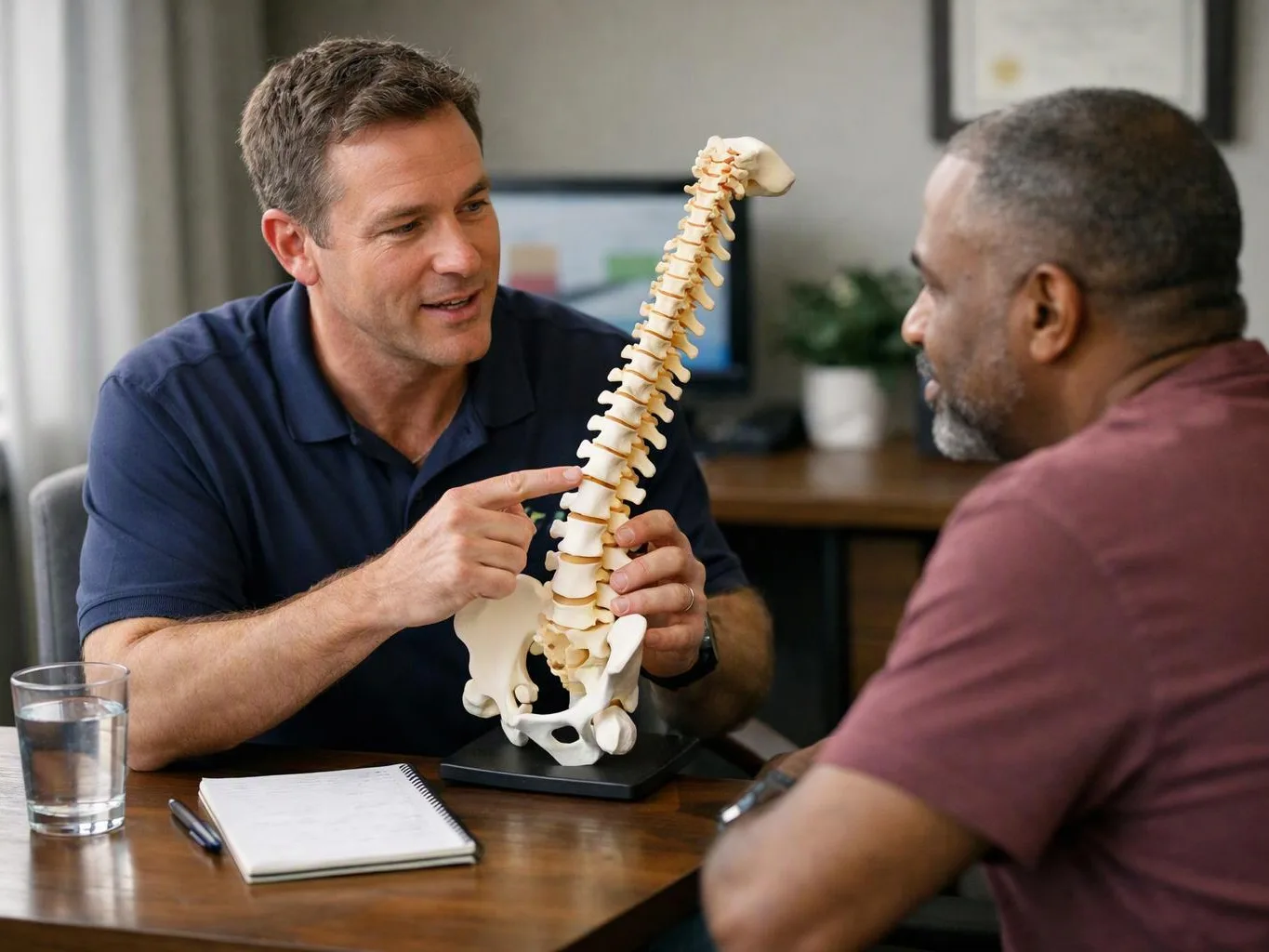 A man points to a spine model while talking with another man at a desk in an office