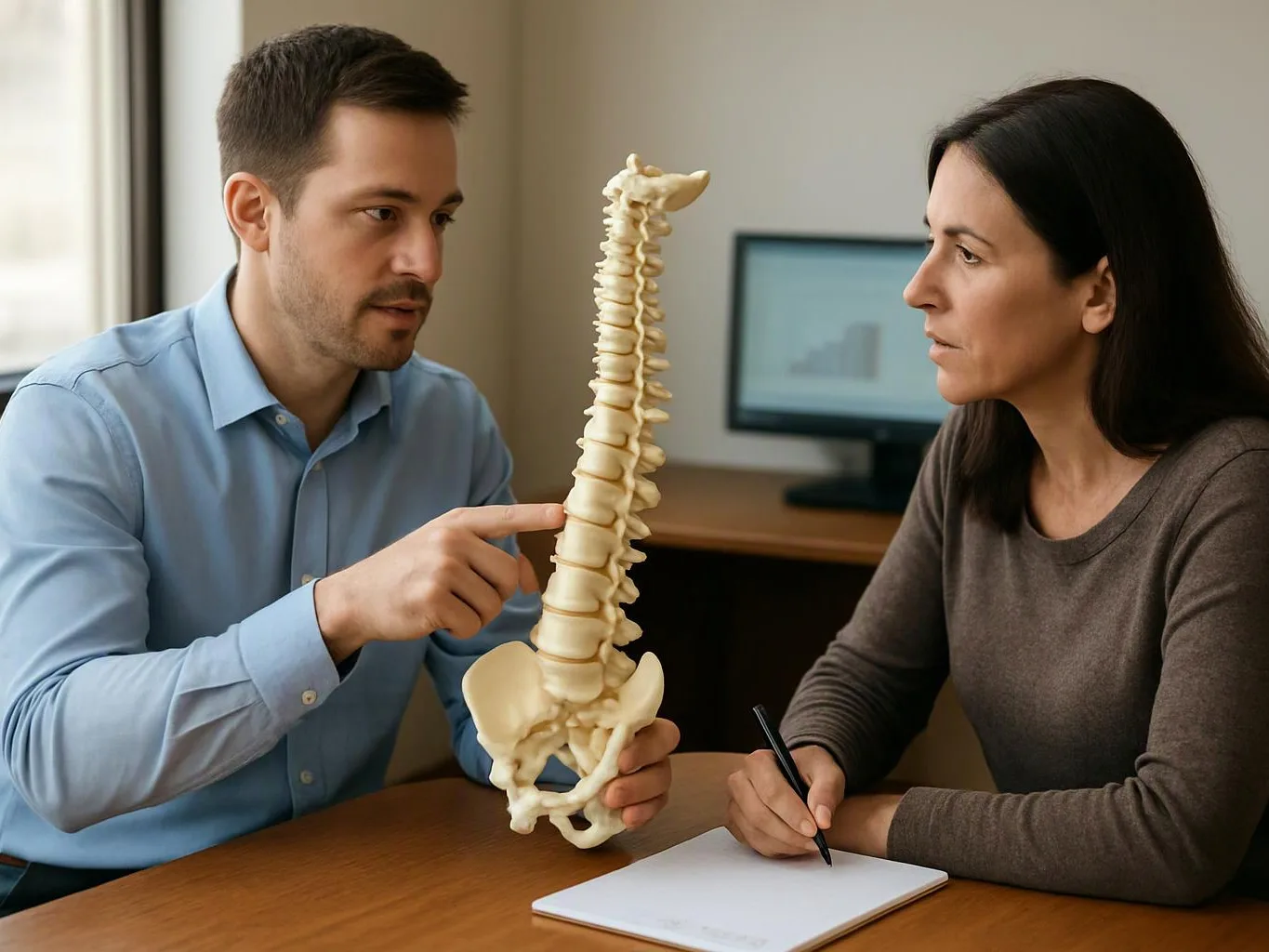 A man points to a spine model while a woman listens and takes notes at a desk