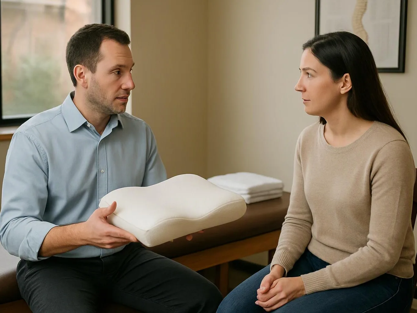 A man shows a white contoured pillow to a woman in a quiet room