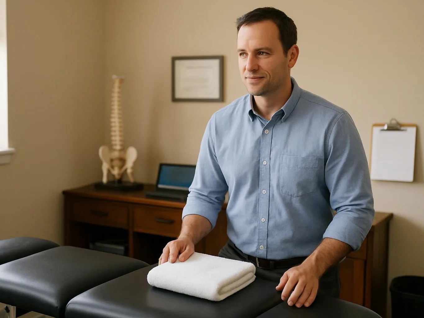 A man stands by a padded exam table, holding folded white towels in a small medical office
