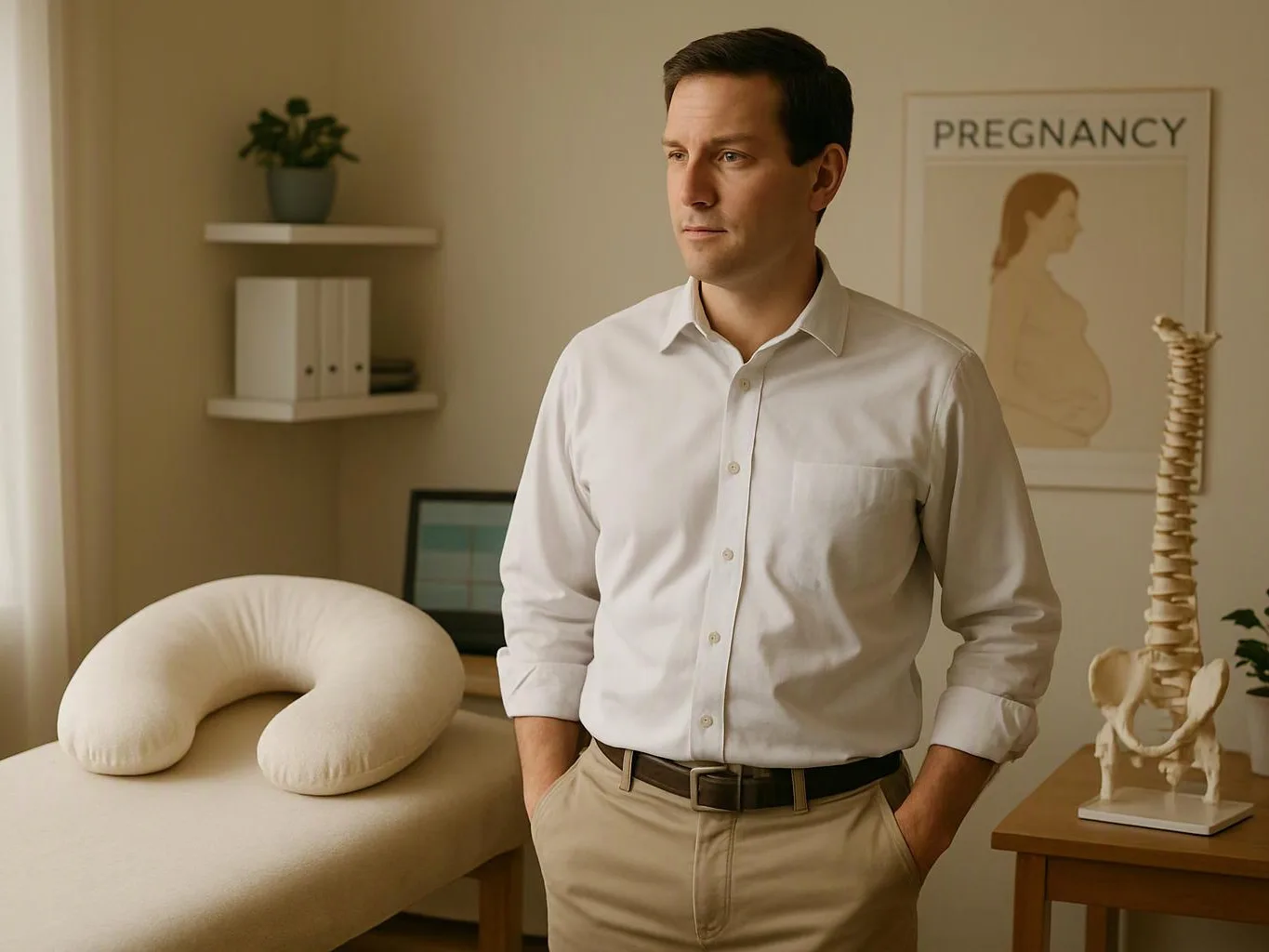 A man stands in a soft-lit exam room beside a treatment table, with pregnancy and spine posters nearby