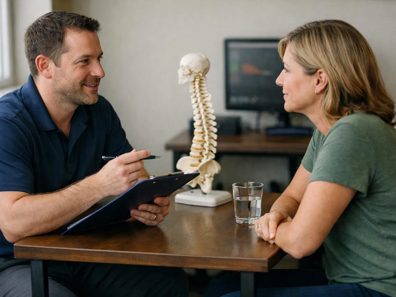 A man takes notes while speaking with a woman across a table, with a spine model behind them