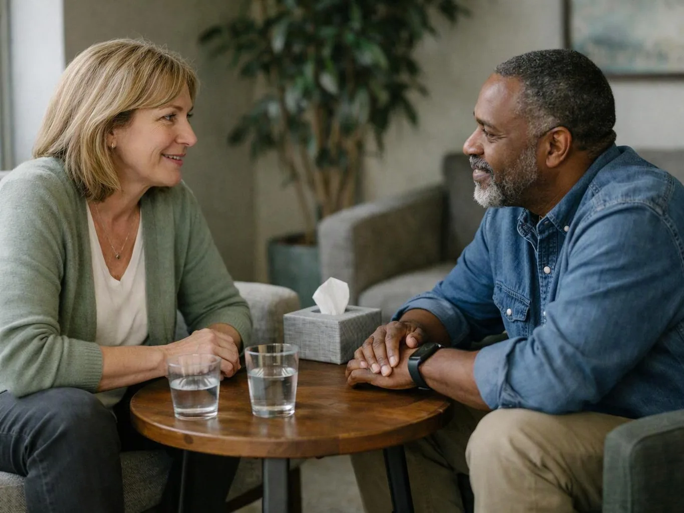 A man and woman sit facing each other at a small table, smiling and talking in a cozy living room
