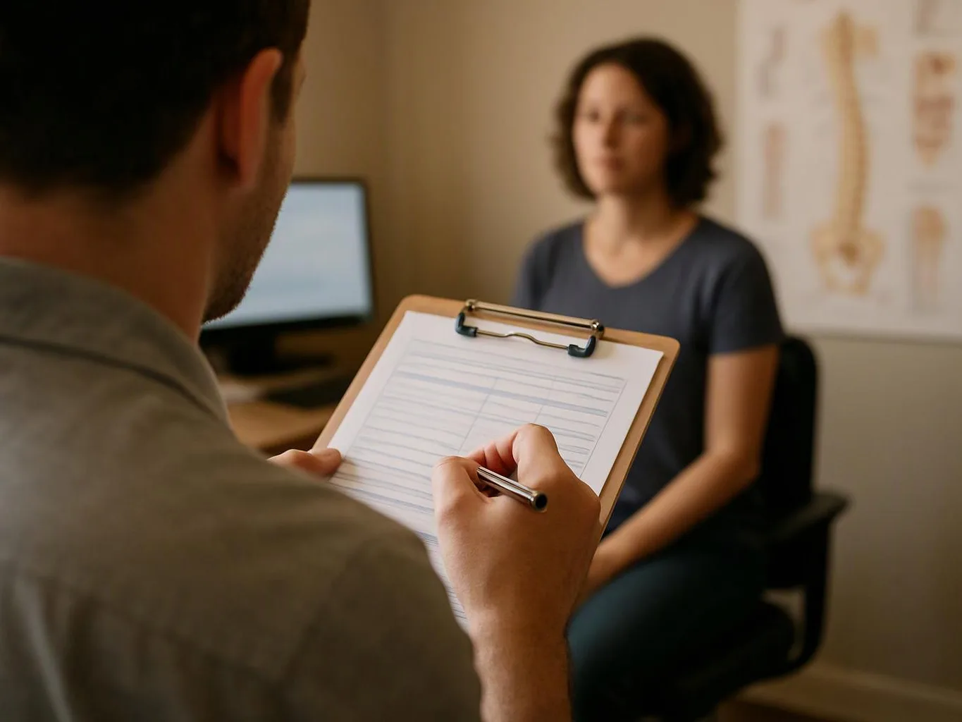 A man writes on a clipboard while facing a seated woman in a small office room