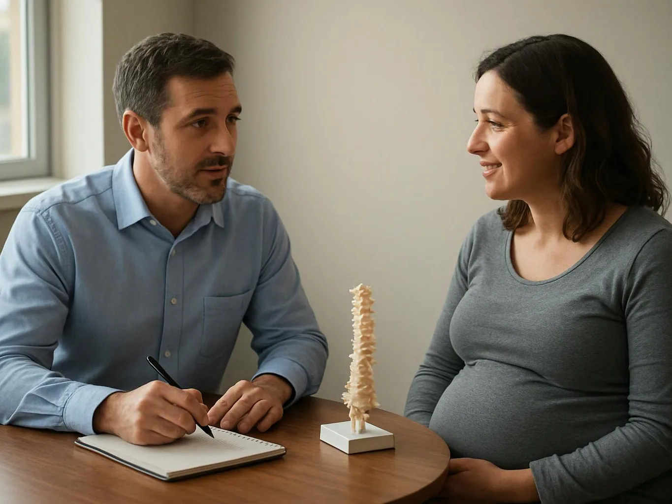 A man writes in a notebook while speaking with a pregnant woman beside a small spine model at a table