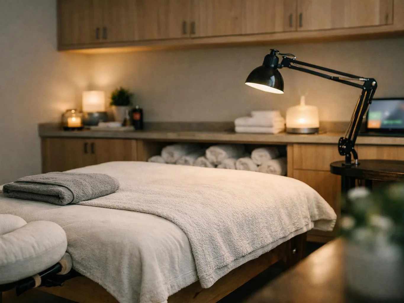 A massage table with folded towels sits in a warm treatment room beside a lit lamp and wooden cabinets