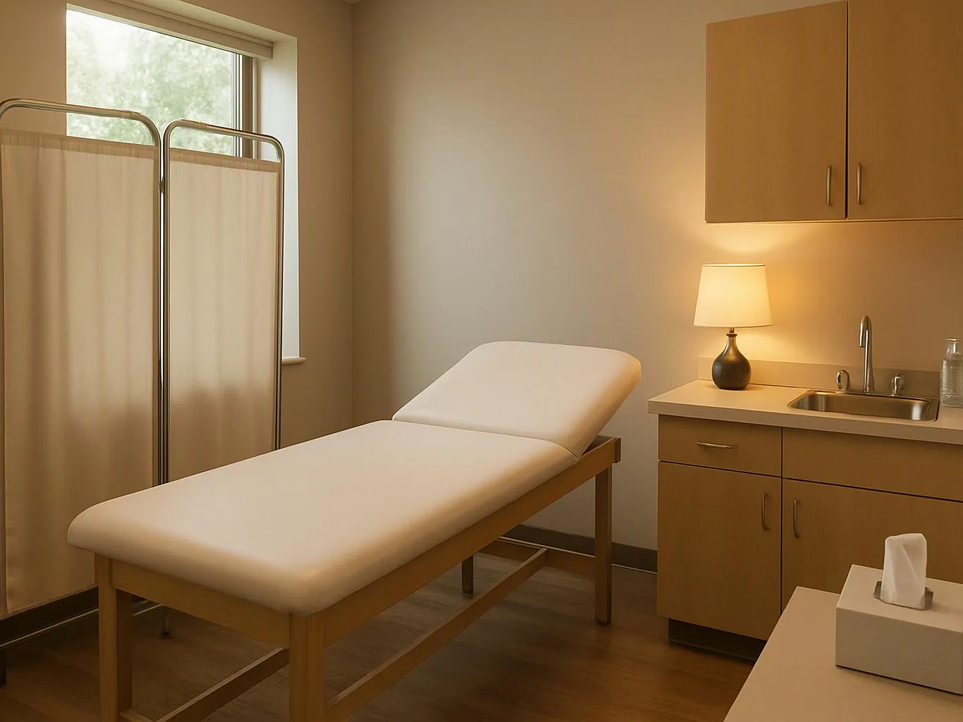 A massage table sits in a small treatment room beside a privacy screen, sink, lamp, and cabinets