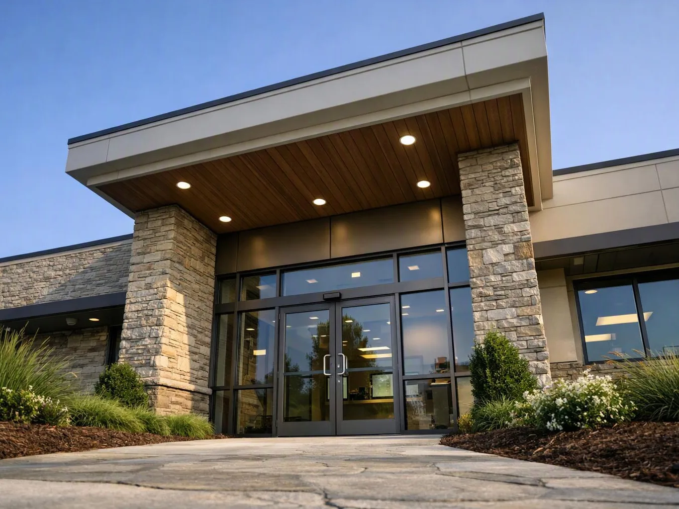 Modern building entrance with glass double doors, stone pillars, and lit ceiling under a blue sky