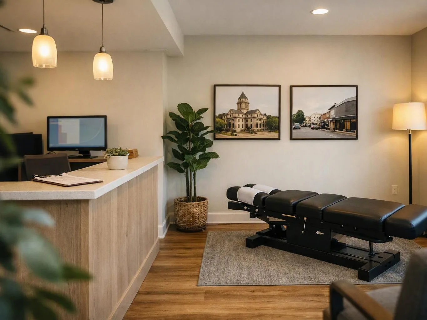 A modern treatment room shows a black adjustment table, a reception counter, framed wall photos, and warm lamps