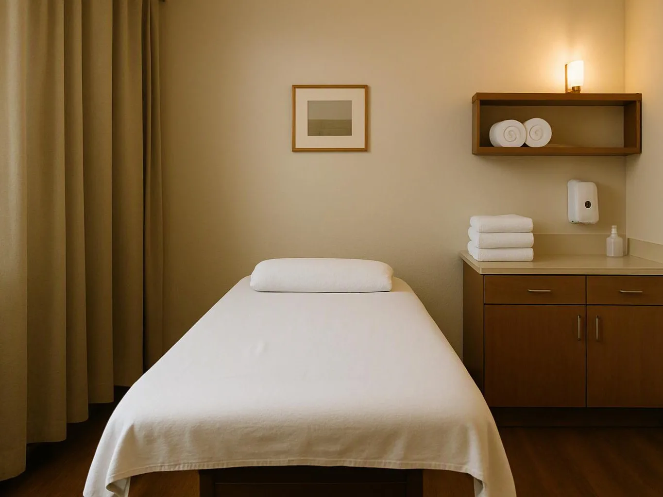 A neatly made massage table sits in a beige treatment room beside folded towels and cabinets
