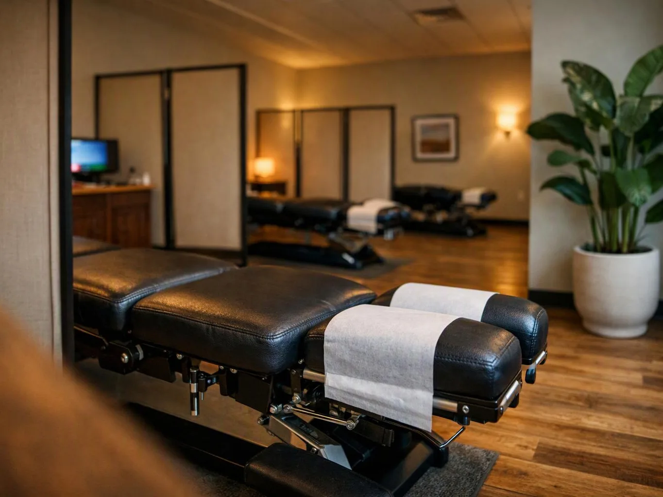 A padded treatment table sits in a softly lit room with wood floors, screens, a small TV, and a potted plant